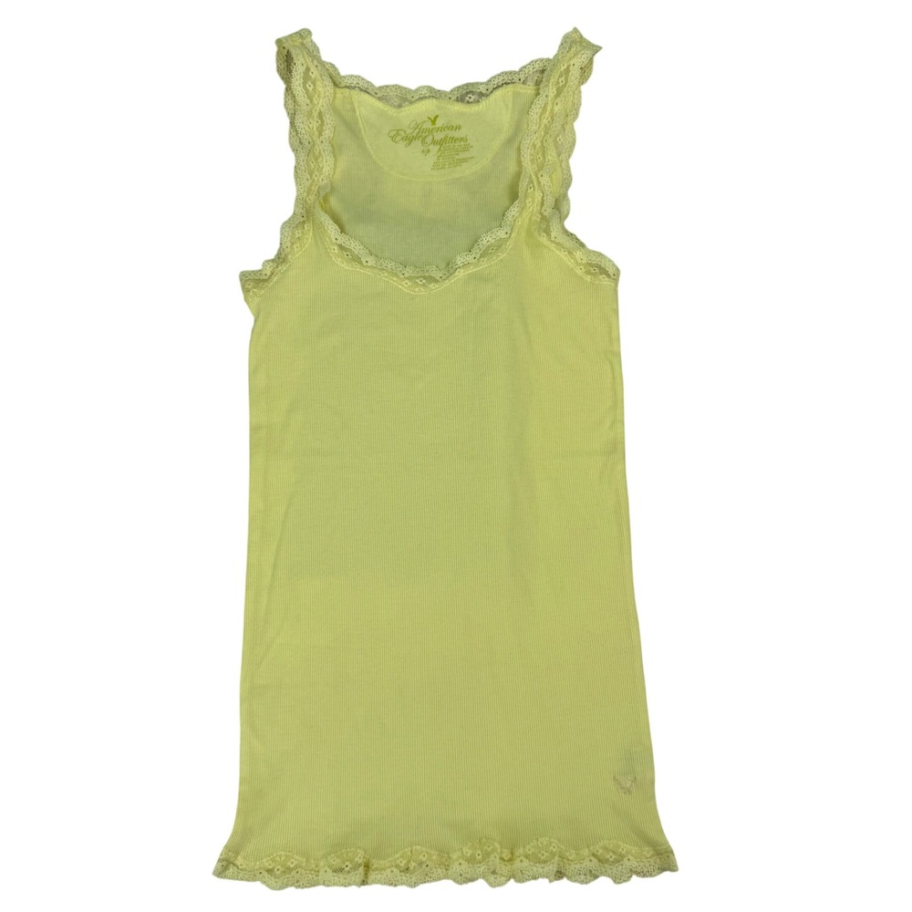 VTG Y2K American Eagle Butter‎ Yellow Ribbed Lace Tank Top Cami Sz S Fitted